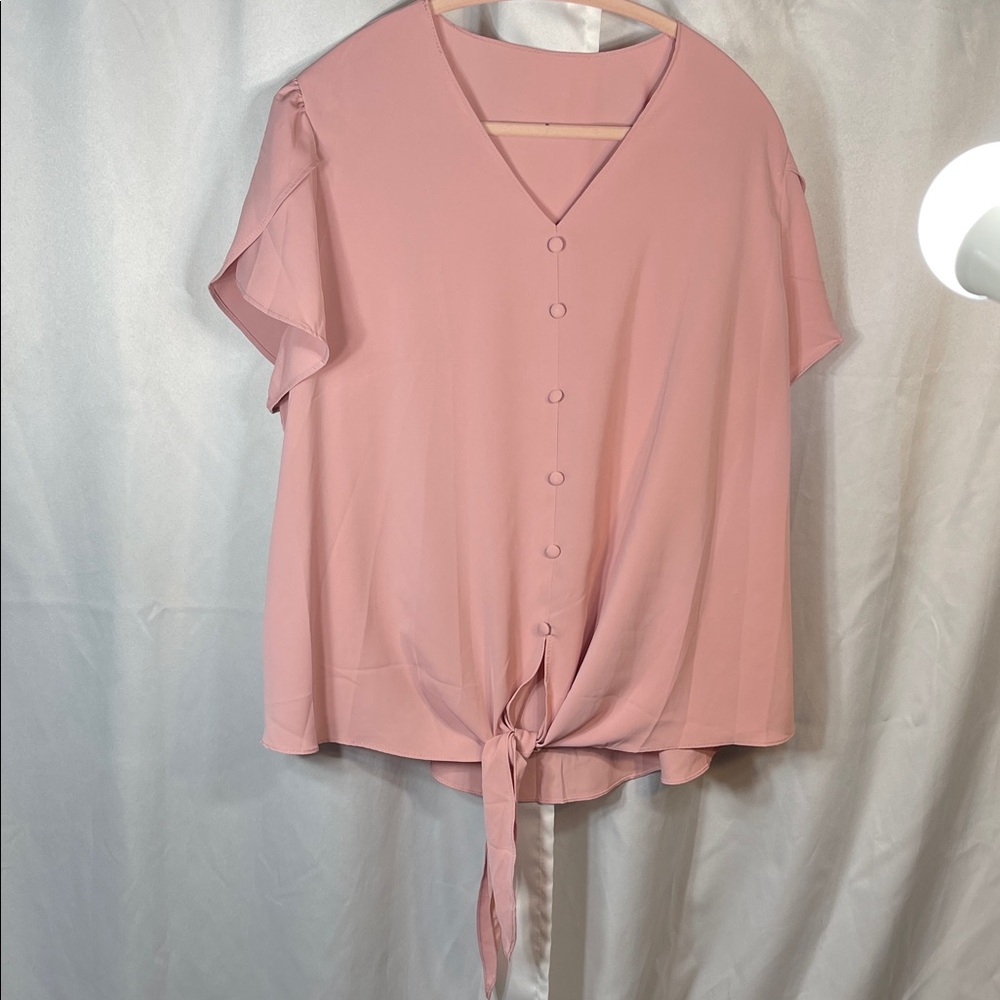 8. Pink V-Neck Button-Down Tie-Front Blouse